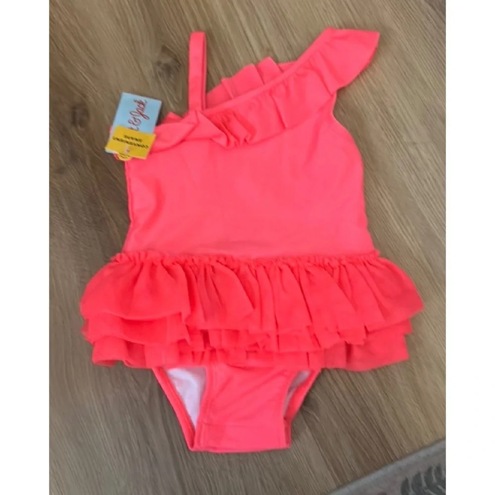 Cat & Jack Baby Girls Neon Pink Ruffle One Shoulder Snap Bottom Swimsuit NWT